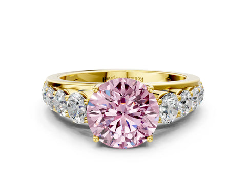 Yellow gold Fancy Pink Round Cut Brilliant Diamond Pavé Band with Six-Prong Setting