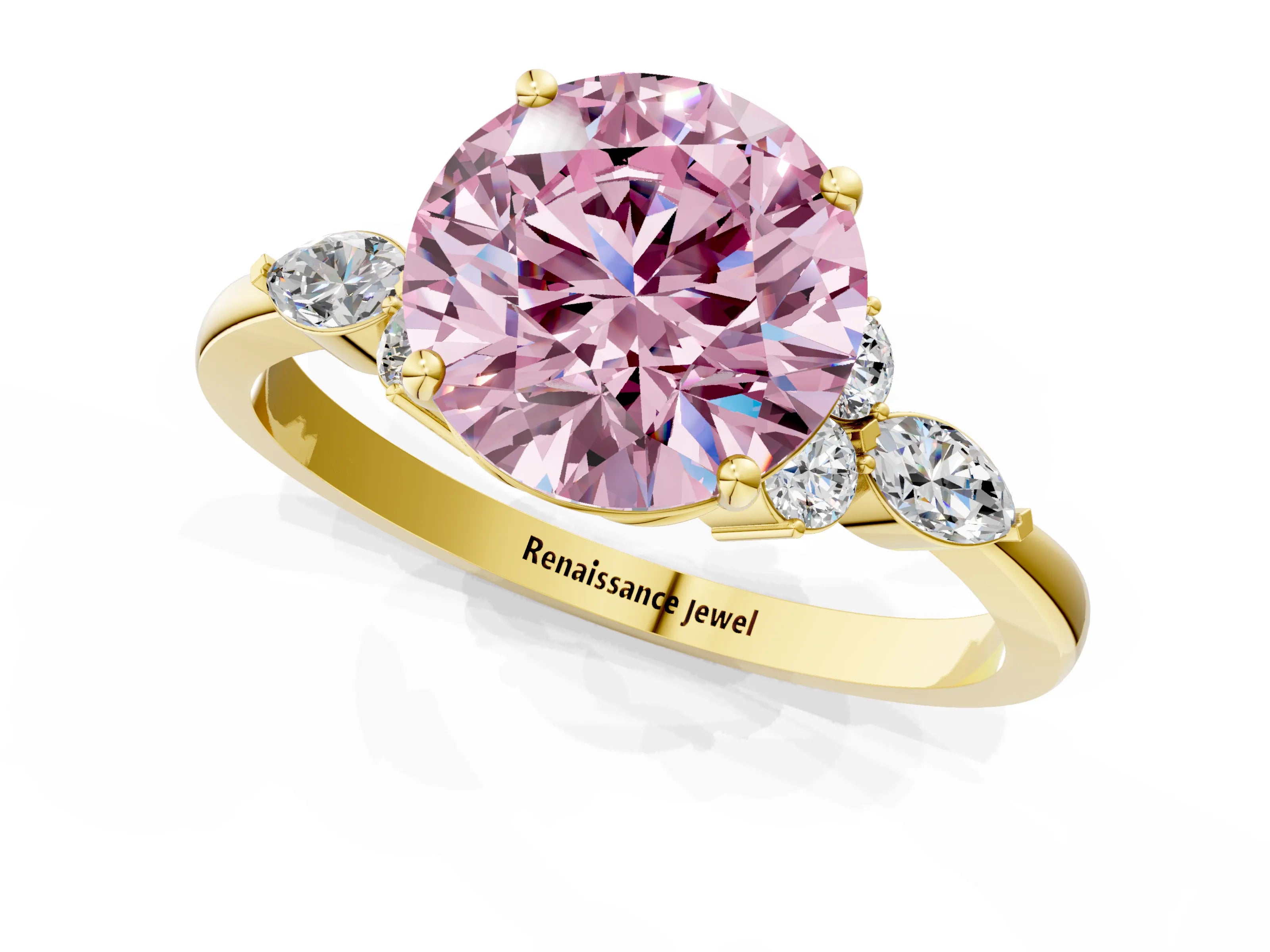 Yellow gold Fancy Pink Round Cut Brilliant Diamond Solitaire Ring with Pear Side Stones and Four-Prong Setting_5