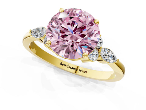 Yellow gold Fancy Pink Round Cut Brilliant Diamond Solitaire Ring with Pear Side Stones and Four-Prong Setting_5