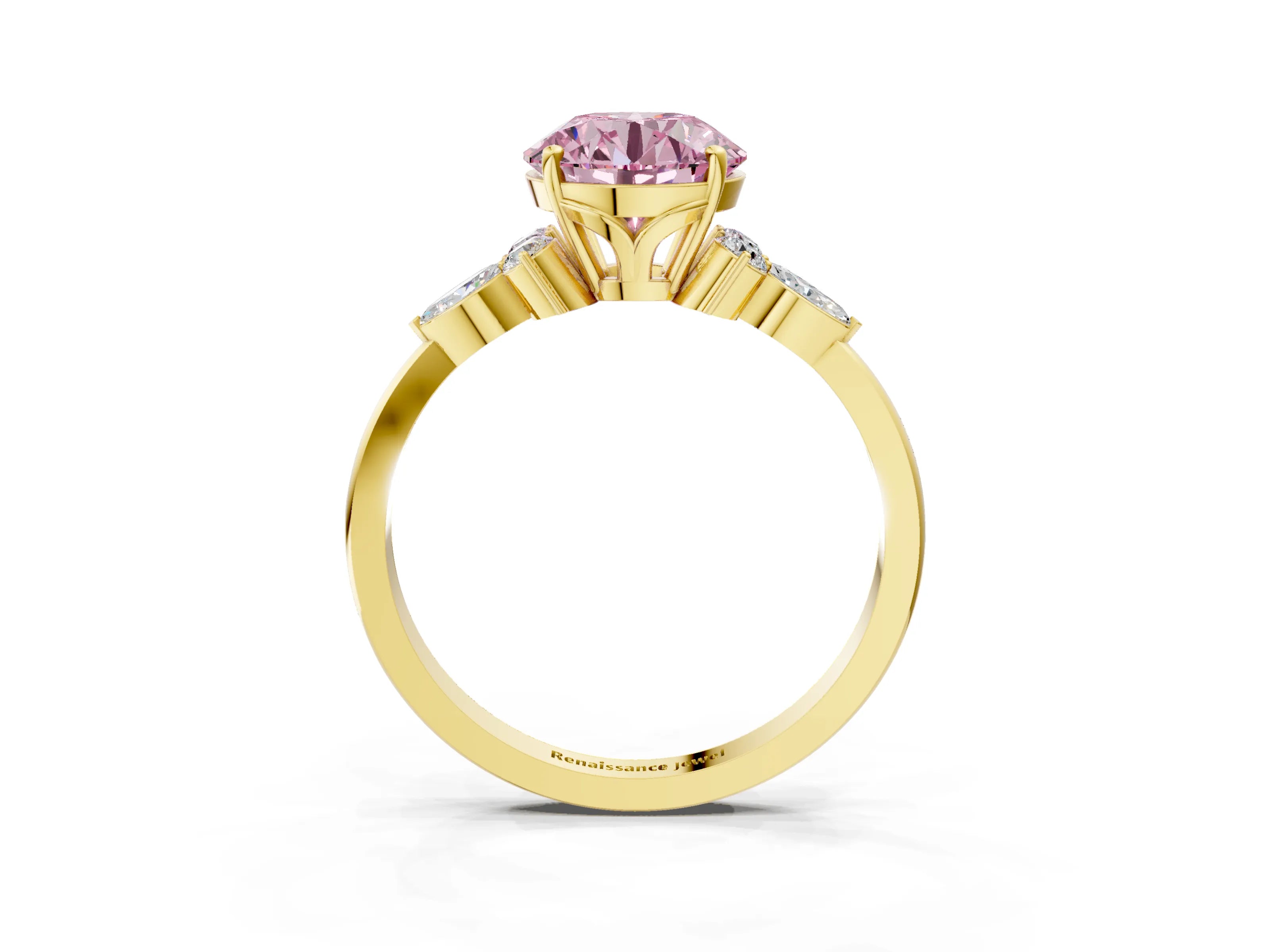 Yellow gold Fancy Pink Round Cut Brilliant Diamond Solitaire Ring with Pear Side Stones and Four-Prong Setting_7