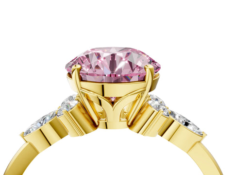 Yellow gold Fancy Pink Round Cut Brilliant Diamond Solitaire Ring with Pear Side Stones and Four-Prong Setting_8