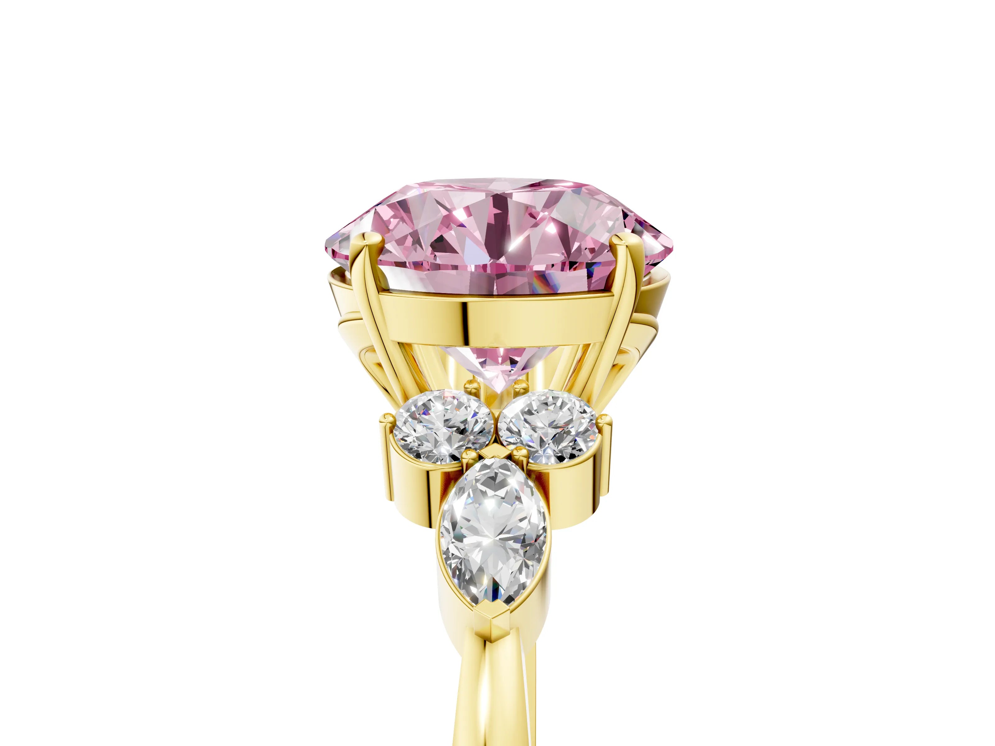Yellow gold Fancy Pink Round Cut Brilliant Diamond Solitaire Ring with Pear Side Stones and Four-Prong Setting_9