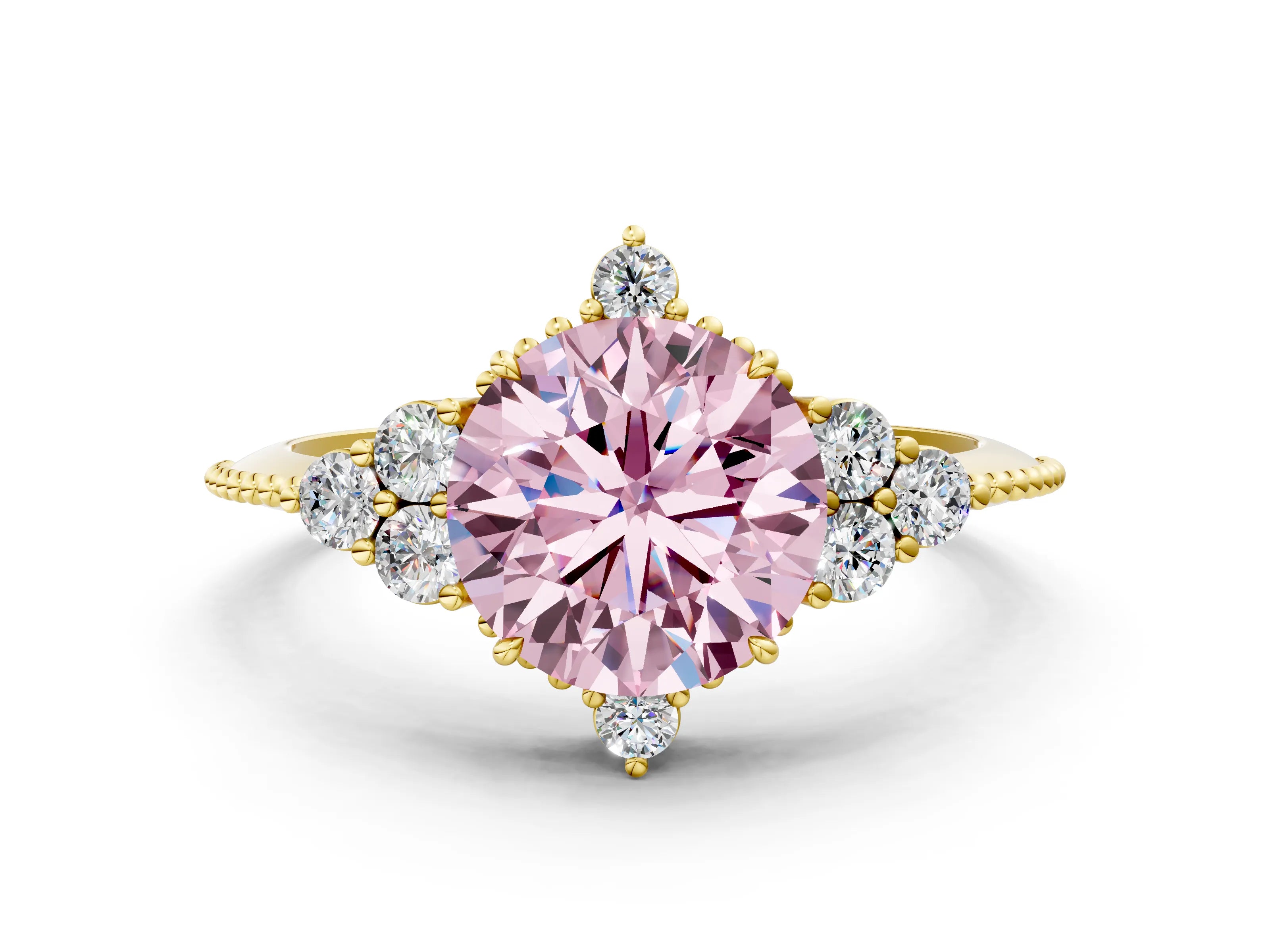 Yellow gold Fancy Pink Round Cut Brilliant Diamond with Cluster Setting on a Beaded Band and Four-Prong Setting