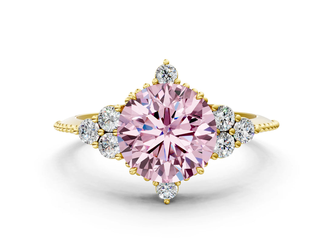 Yellow gold Fancy Pink Round Cut Brilliant Diamond with Cluster Setting on a Beaded Band and Four-Prong Setting