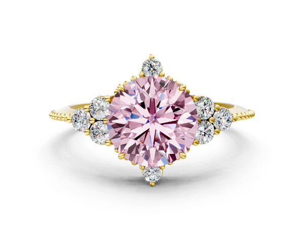 Yellow gold Fancy Pink Round Cut Brilliant Diamond with Cluster Setting on a Beaded Band and Four-Prong Setting