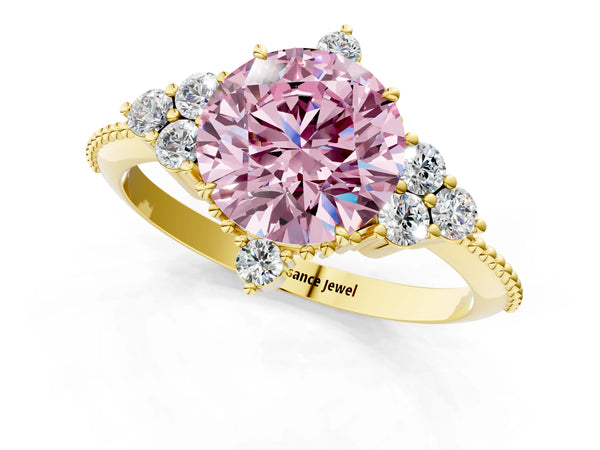 Yellow gold Fancy Pink Round Cut Brilliant Diamond with Cluster Setting on a Beaded Band and Four-Prong Setting
