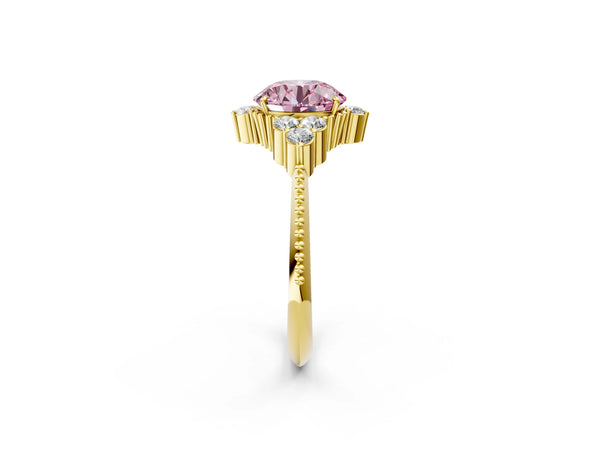 Yellow gold Fancy Pink Round Cut Brilliant Diamond with Cluster Setting on a Beaded Band and Four-Prong Setting