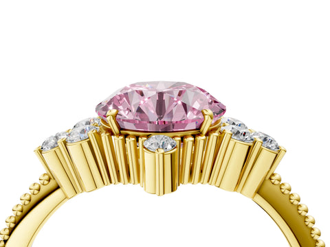 Yellow gold Fancy Pink Round Cut Brilliant Diamond with Cluster Setting on a Beaded Band and Four-Prong Setting_4
