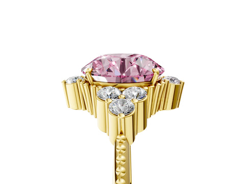 Yellow gold Fancy Pink Round Cut Brilliant Diamond with Cluster Setting on a Beaded Band and Four-Prong Setting_5