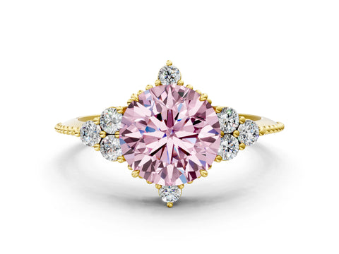 Yellow gold Fancy Pink Round Cut Brilliant Diamond with Cluster Setting on a Beaded Band and Four-Prong Setting