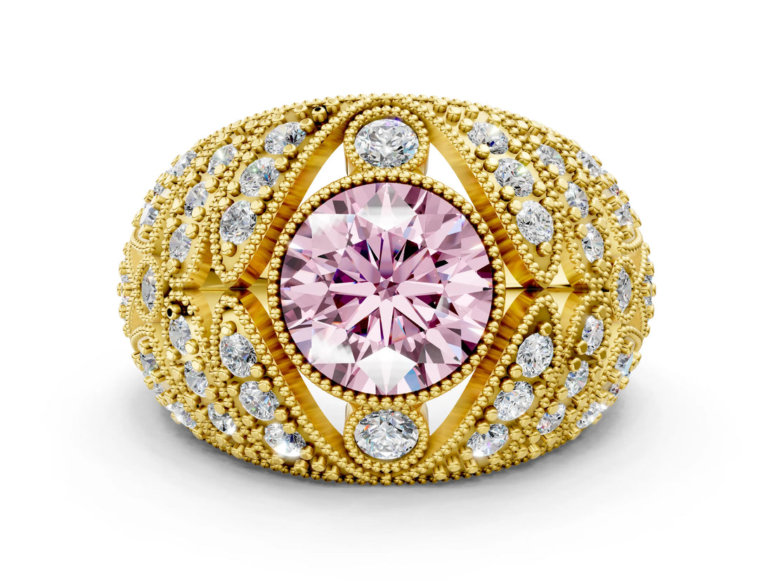 Yellow gold Fancy Pink Round Cut Brilliant Halo Pave Diamond Milgrain Ring