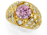 Yellow gold Fancy Pink Round Cut Brilliant Halo Pave Diamond Milgrain Ring_1