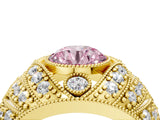 Yellow gold Fancy Pink Round Cut Brilliant Halo Pave Diamond Milgrain Ring_4