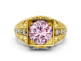 Yellow gold Fancy Pink Round Cut Brilliant Milgrain Filigree Diamond Ring with Square Prong Setting