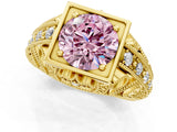 Yellow gold Fancy Pink Round Cut Brilliant Milgrain Filigree Diamond Ring with Square Prong Setting_1