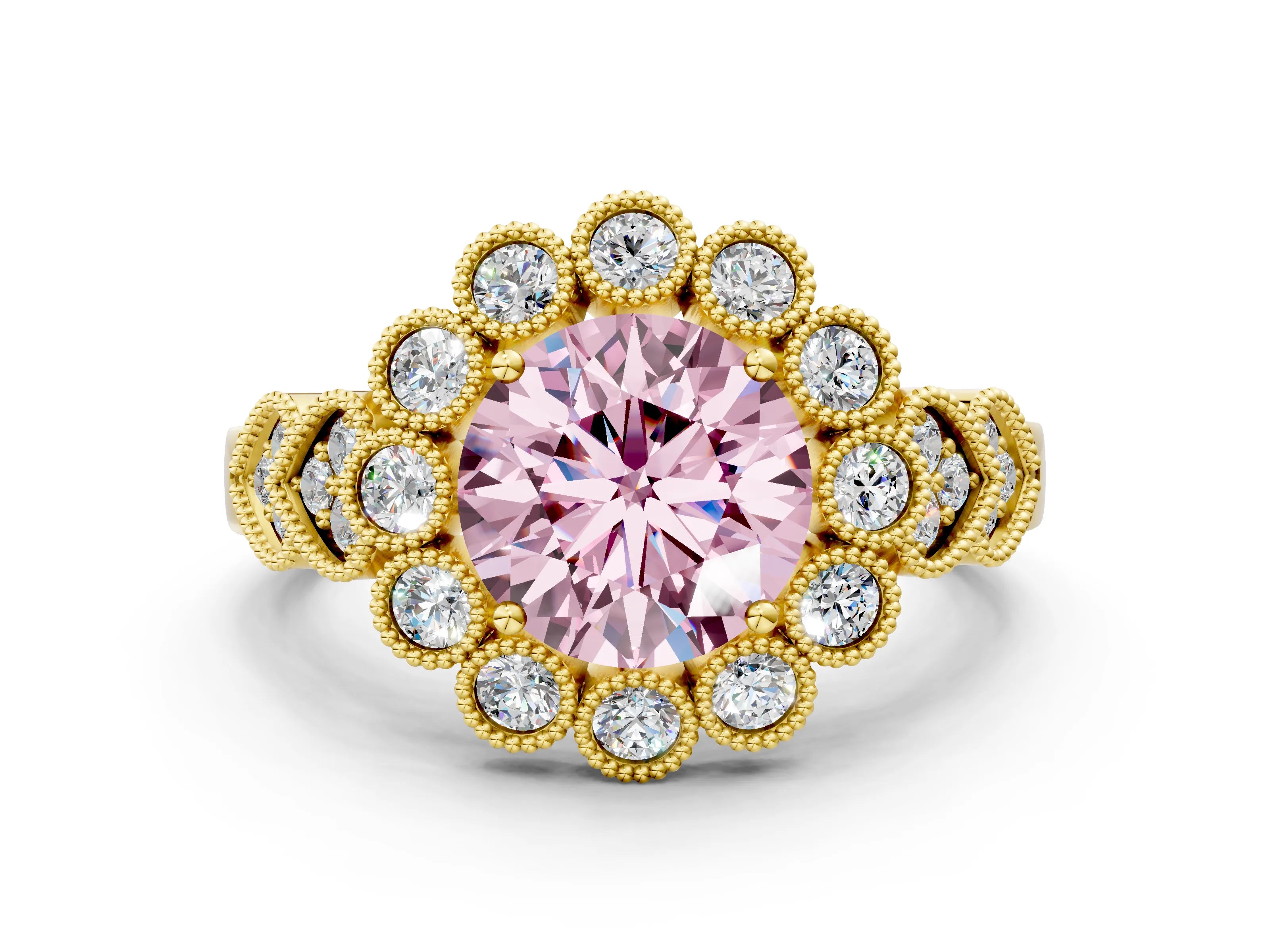 Yellow gold Fancy Pink Round Cut Brilliant Milgrain Pave Heart Band Solitaire Ring