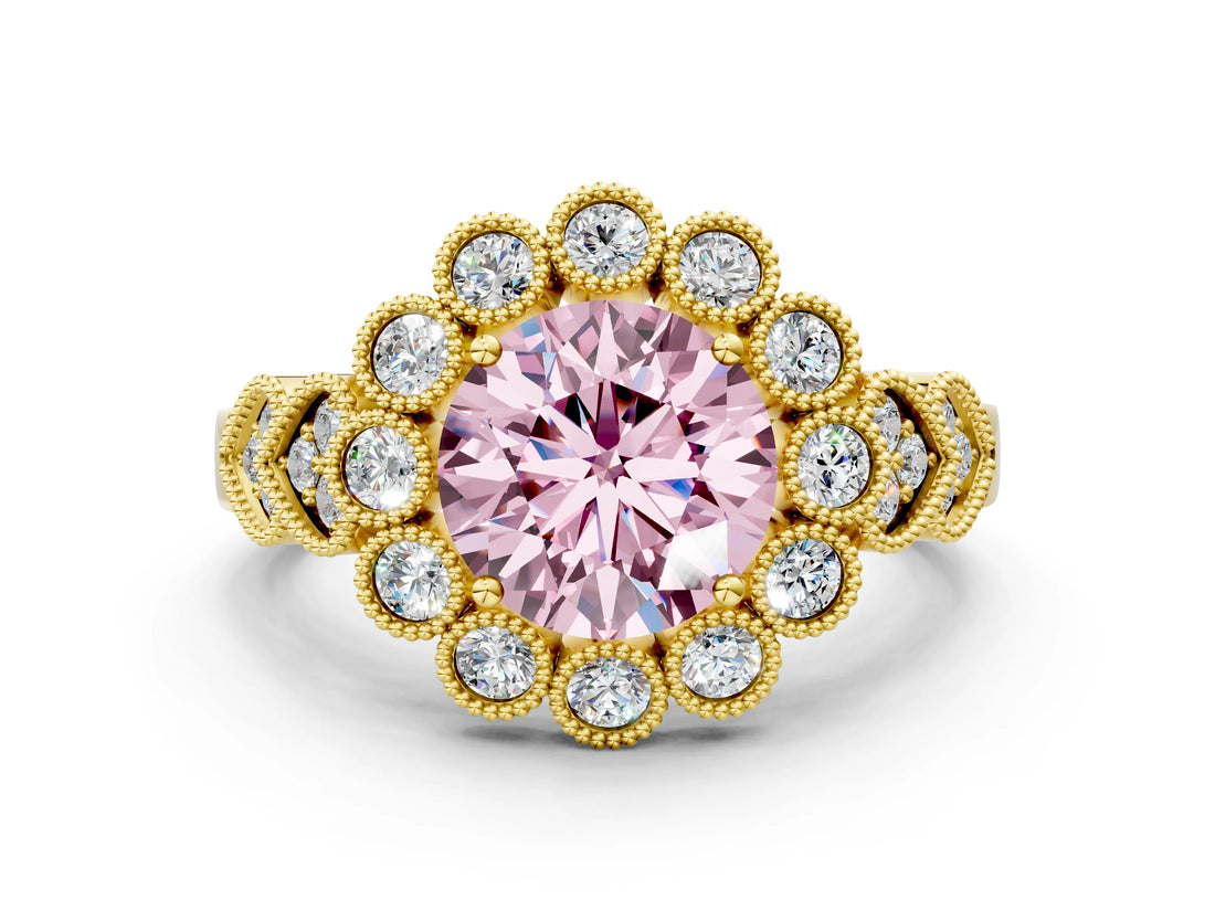 Yellow gold Fancy Pink Round Cut Brilliant Milgrain Pave Heart Band Solitaire Ring