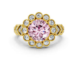 Yellow gold Fancy Pink Round Cut Brilliant Milgrain Pave Heart Band Solitaire Ring