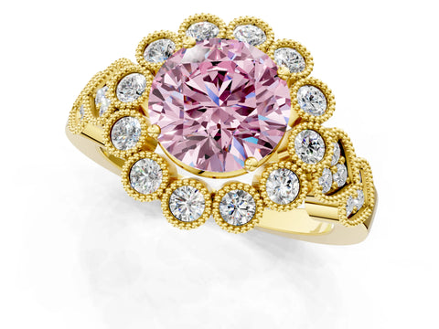 Yellow gold Fancy Pink Round Cut Brilliant Milgrain Pave Heart Band Solitaire Ring_1