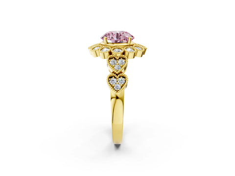Yellow gold Fancy Pink Round Cut Brilliant Milgrain Pave Heart Band Solitaire Ring_2