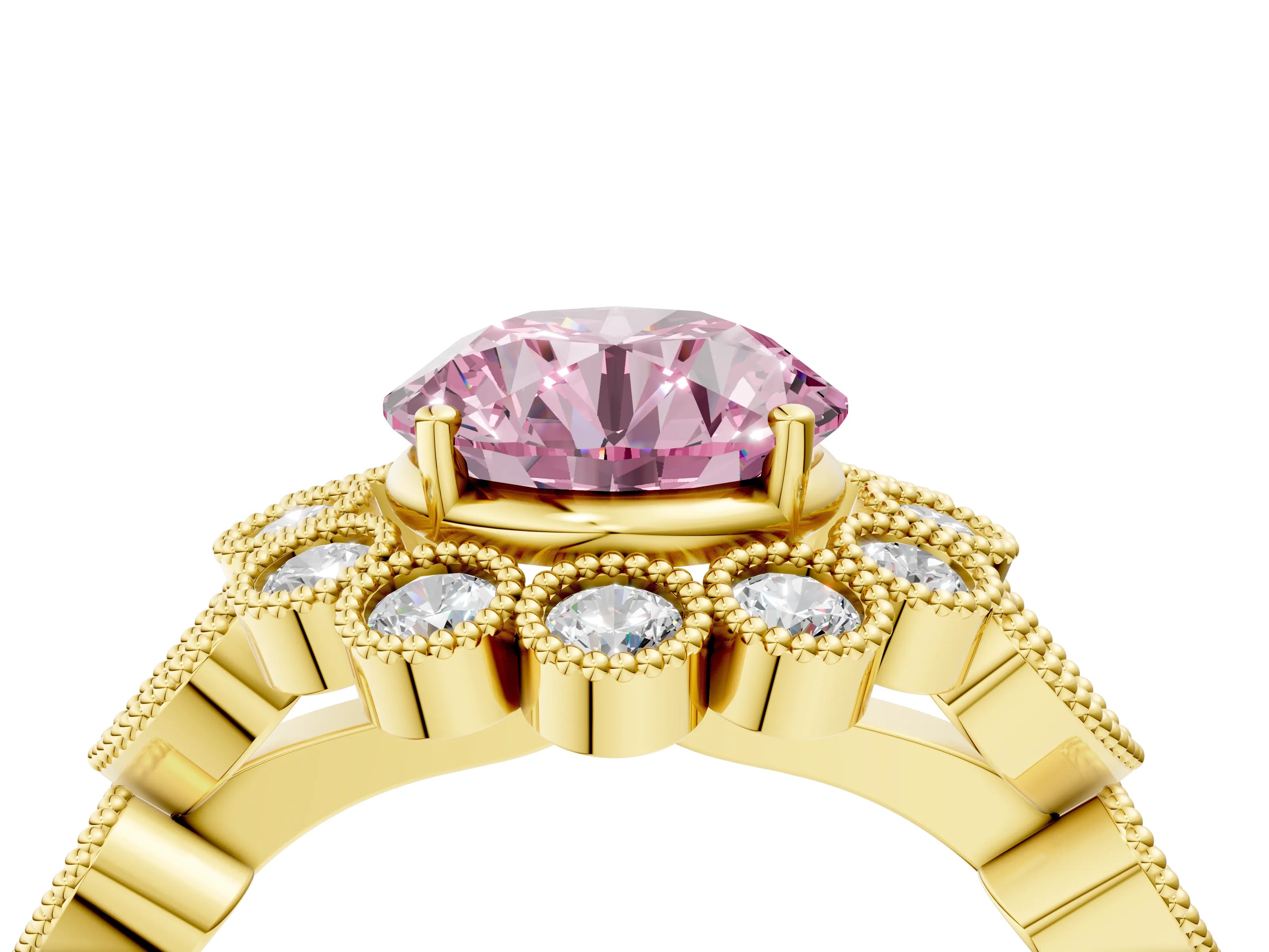 Yellow gold Fancy Pink Round Cut Brilliant Milgrain Pave Heart Band Solitaire Ring_4