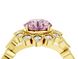 Yellow gold Fancy Pink Round Cut Brilliant Milgrain Pave Heart Band Solitaire Ring_4
