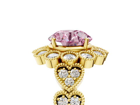 Yellow gold Fancy Pink Round Cut Brilliant Milgrain Pave Heart Band Solitaire Ring_5