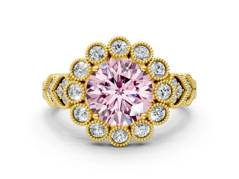 Yellow gold Fancy Pink Round Cut Brilliant Milgrain Pave Heart Band Solitaire Ring