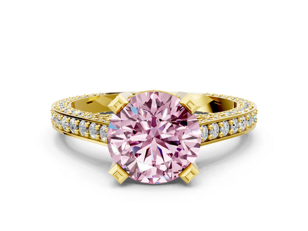 Yellow gold Fancy Pink Round Cut Brilliant Split Shank Pave Solitaire Ring with Four-Prong Setting