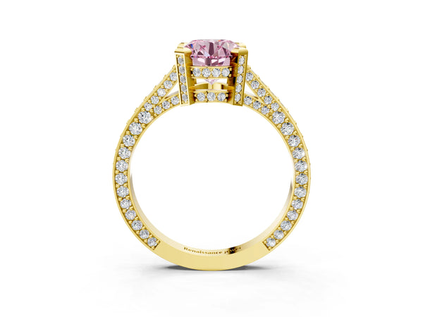 Yellow gold Fancy Pink Round Cut Brilliant Split Shank Pave Solitaire Ring with Four-Prong Setting