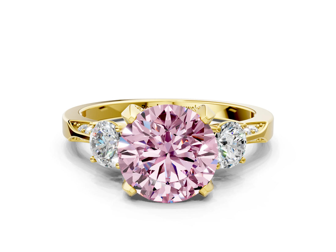 Yellow gold Fancy Pink Round Cut Brilliant Three-Stone Diamond Ring with Pavé Band and Four-Prong Setting_15