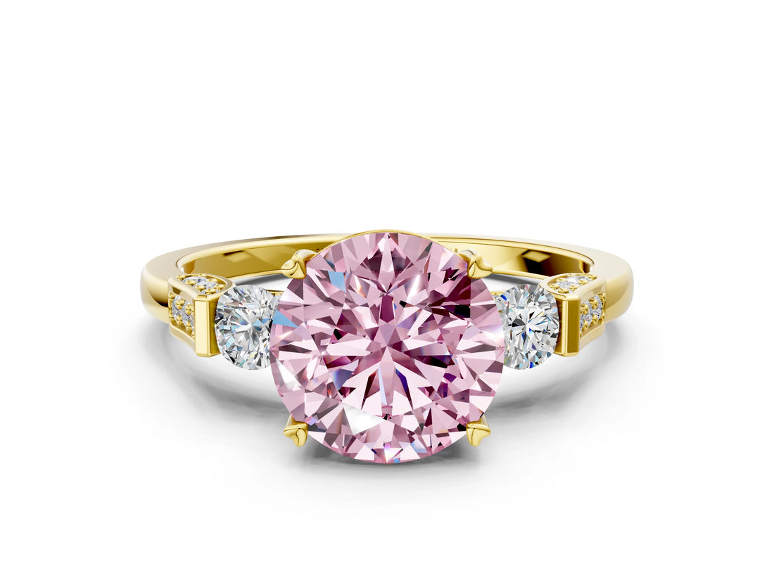 Yellow gold Fancy Pink Round Cut Brilliant Three-Stone Pave Band with Four-Prong Setting