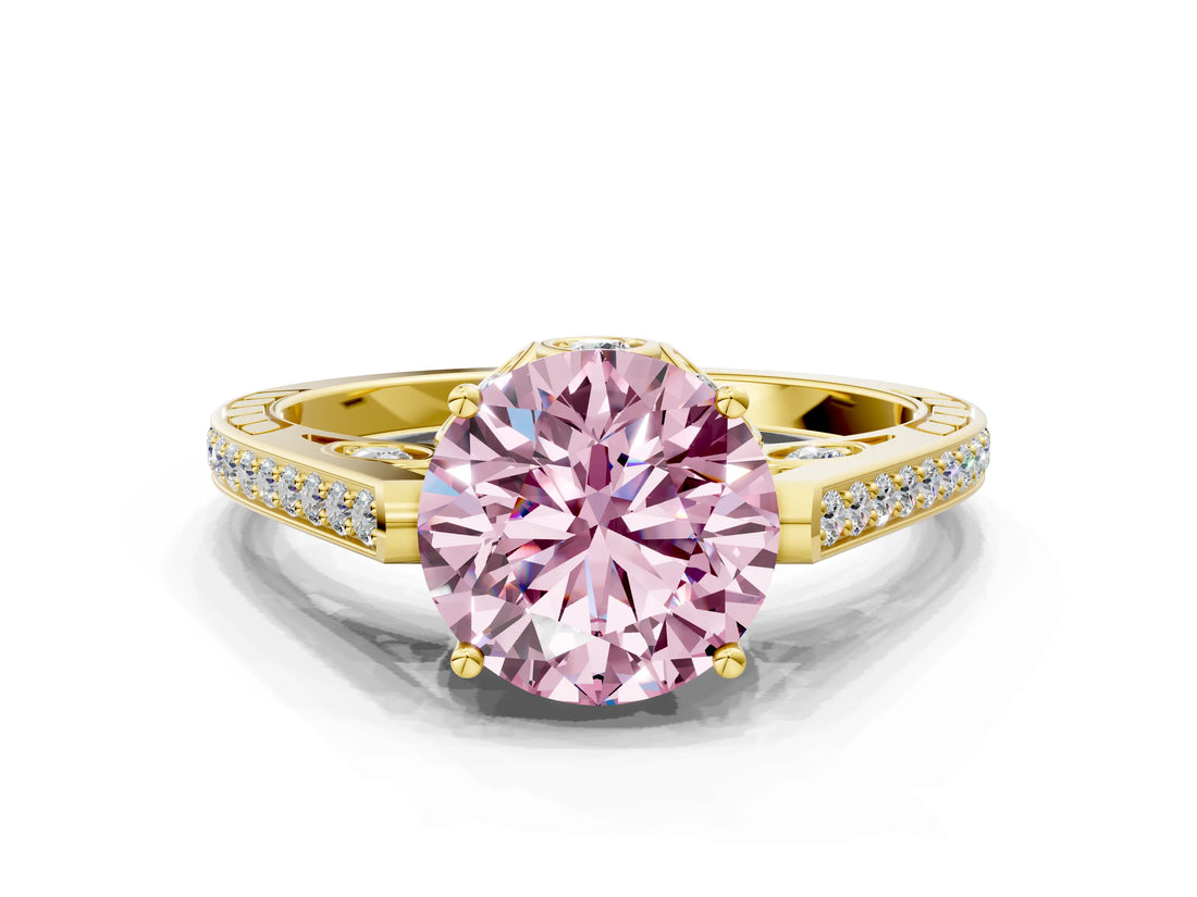 Yellow gold Fancy Pink Round  Cut Cathedral Pave Diamond Engagement Ring with Six-Prong Setting_32