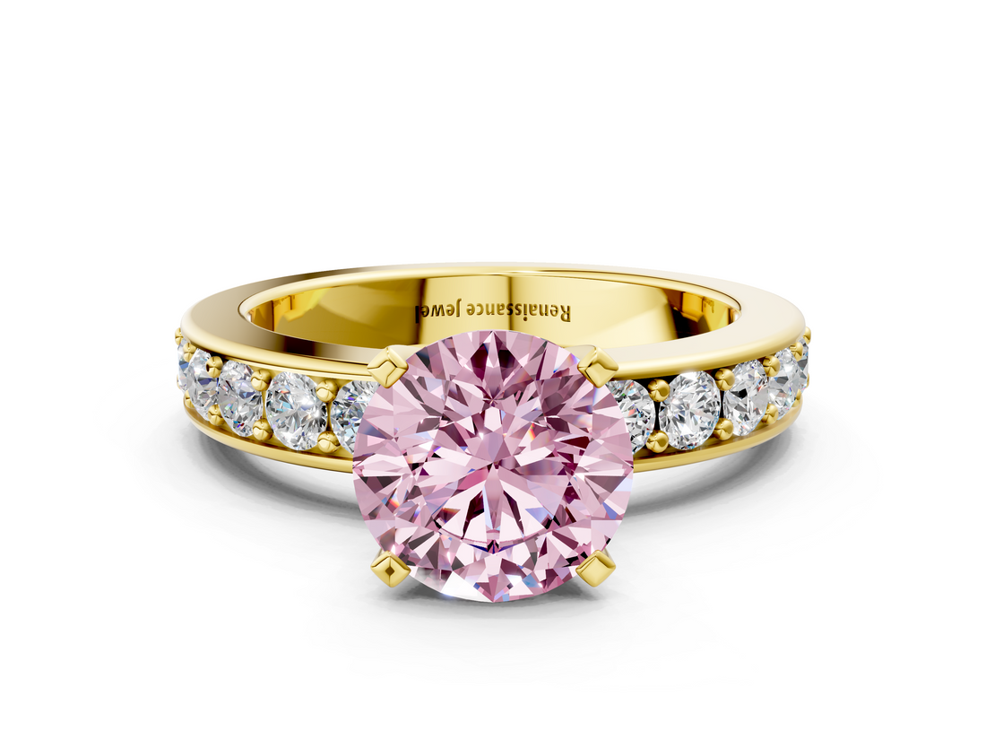 Yellow gold Fancy Pink Round  Cut Channel Set Diamond Engagement Ring with Four-Prong Setting