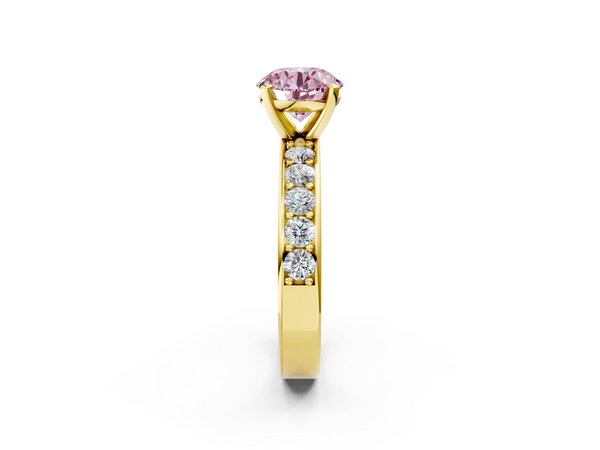 Yellow Gold Round Side Stone Engagement Ring Setting for Fancy Pink Center with Wide Accent Band