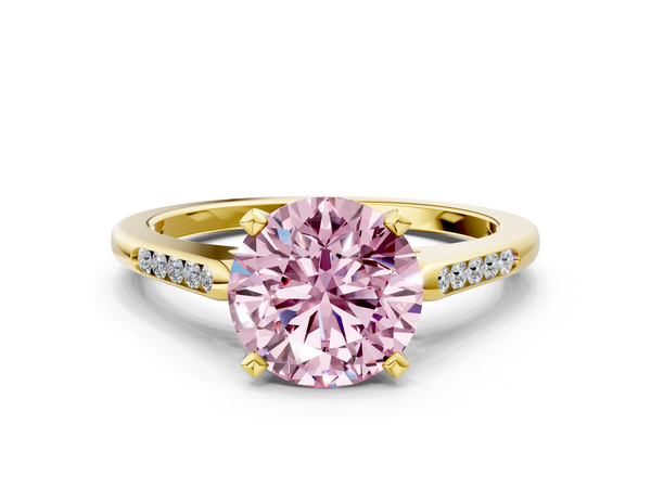 Yellow gold Fancy Pink Round  Cut Channel Set Solitaire Engagement Ring with Four-Prong Setting