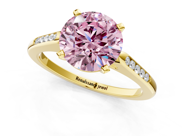 Yellow gold Fancy Pink Round  Cut Channel Set Solitaire Engagement Ring with Four-Prong Setting