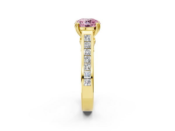 Yellow Gold Round Channel Set Solitaire Engagement Ring Setting for Fancy Pink Center with Double Claw Prongs