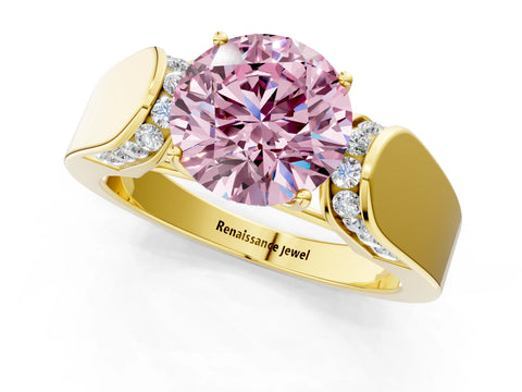 Yellow gold Fancy Pink Round Cut Cut Diamond Channel Set Solitaire Ring with Four-Prong Setting_1