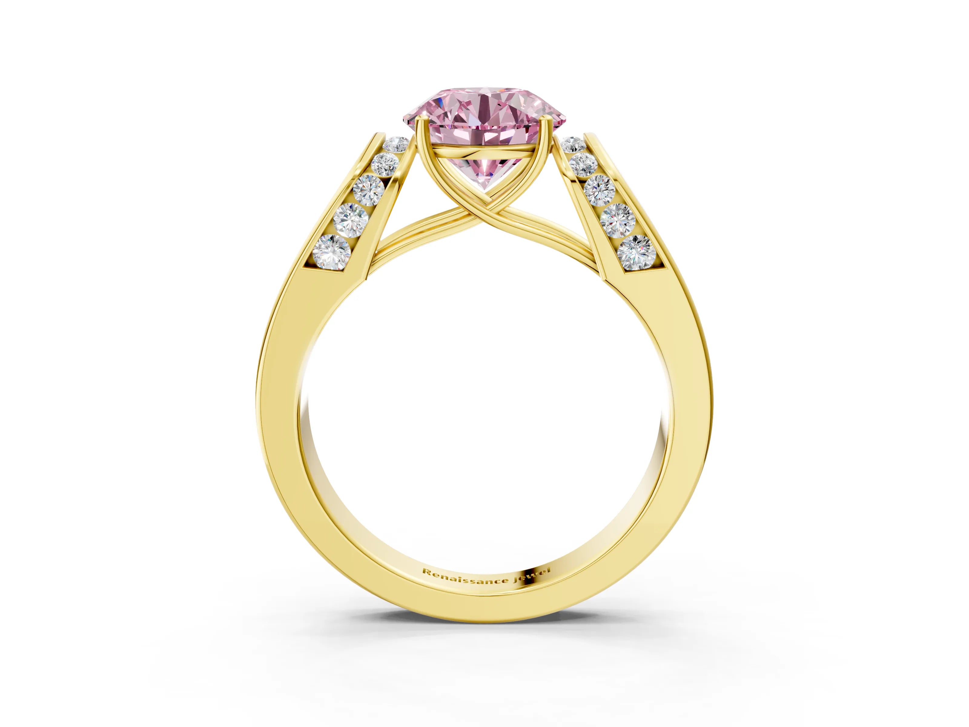 Yellow gold Fancy Pink Round Cut Cut Diamond Channel Set Solitaire Ring with Four-Prong Setting_3