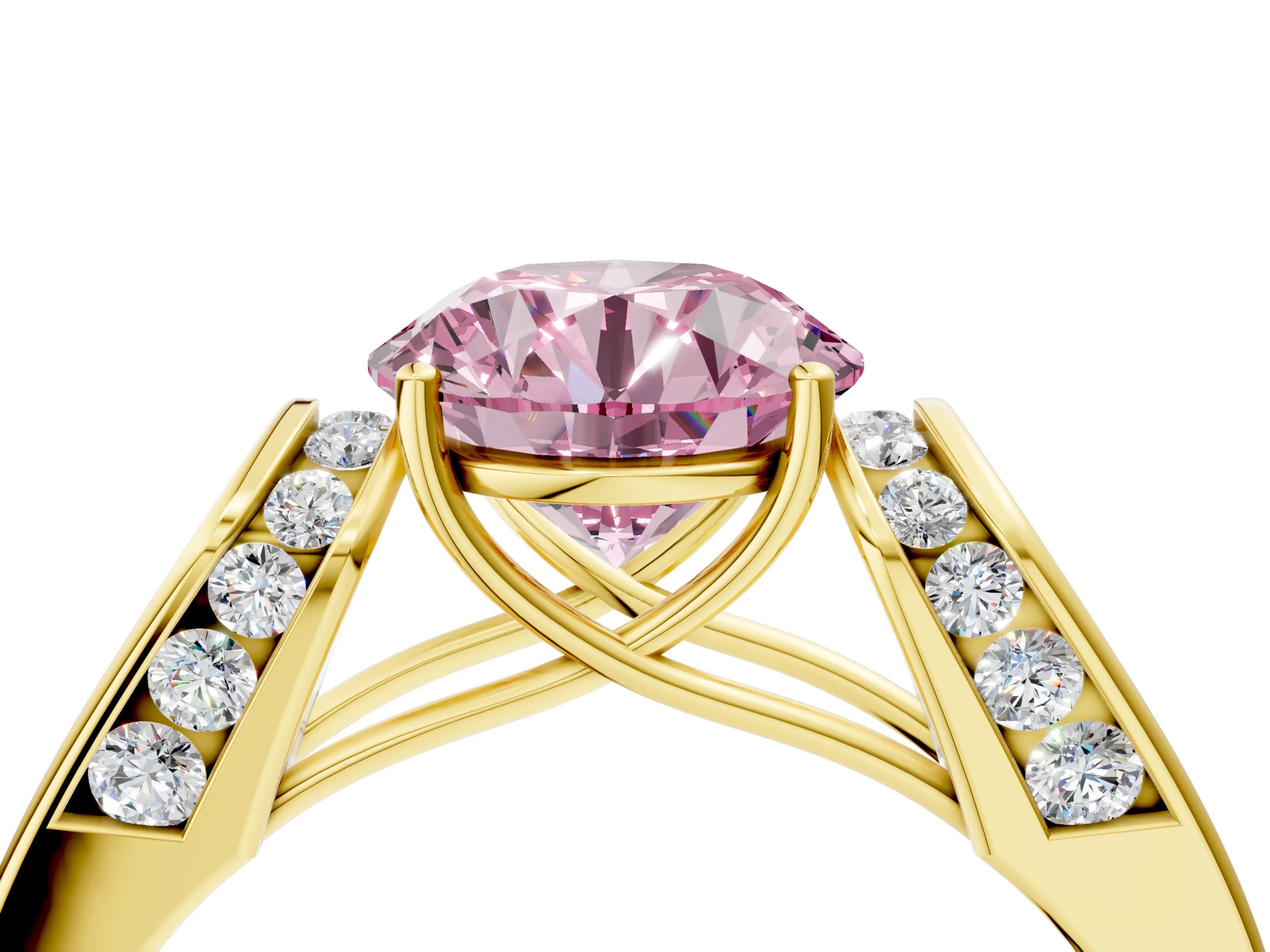 Yellow gold Fancy Pink Round Cut Cut Diamond Channel Set Solitaire Ring with Four-Prong Setting_4