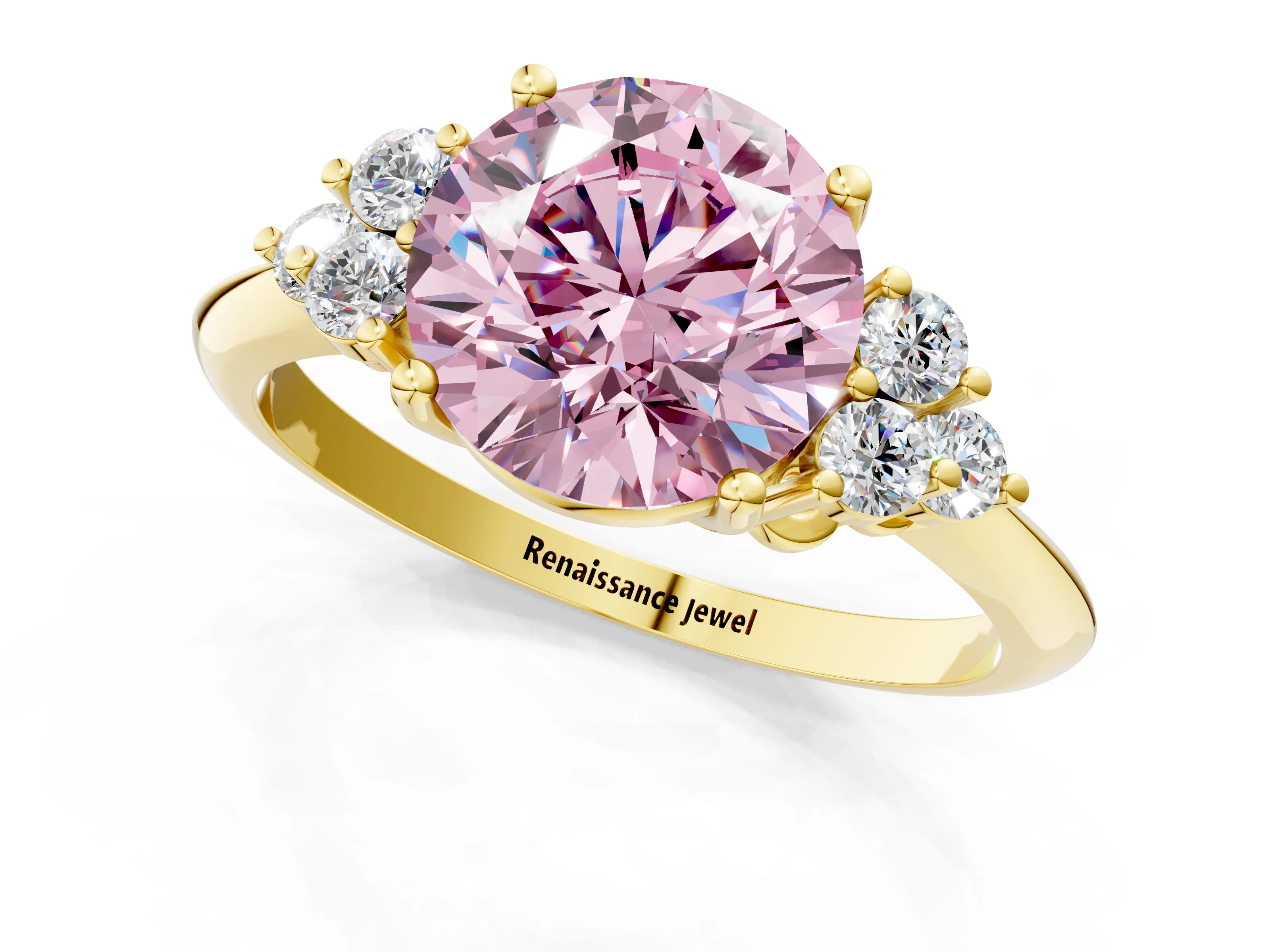 Yellow gold Fancy Pink Round Cut Cut Diamond Cluster Ring with Solitaire Band and Four-Prong Setting_13
