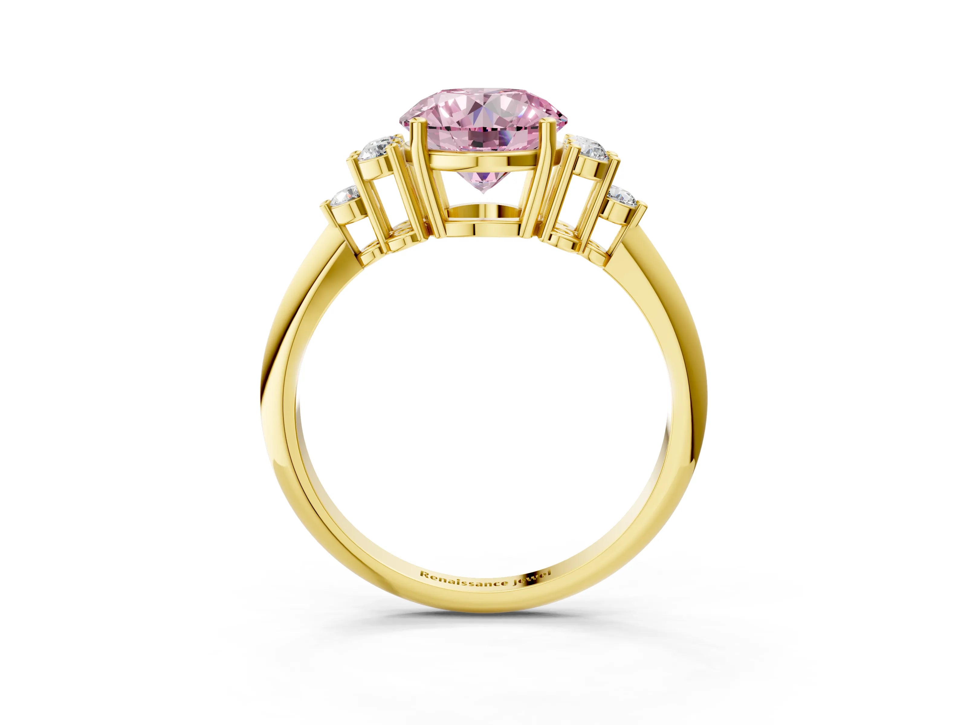 Yellow gold Fancy Pink Round Cut Cut Diamond Cluster Ring with Solitaire Band and Four-Prong Setting_15