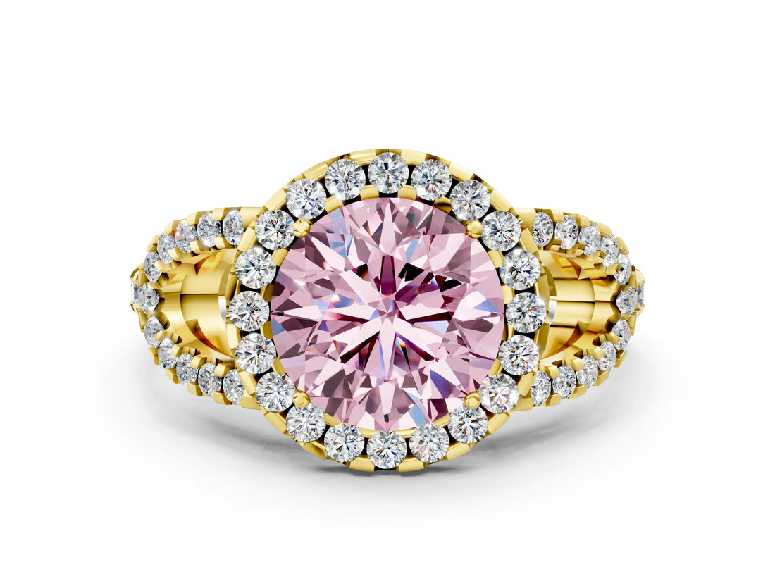 Yellow gold Fancy Pink Round Cut Cut Diamond Halo Engagement Ring with Open Split Pavé Band