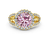 Yellow gold Fancy Pink Round Cut Cut Diamond Halo Engagement Ring with Open Split Pavé Band