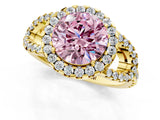 Yellow gold Fancy Pink Round Cut Cut Diamond Halo Engagement Ring with Open Split Pavé Band_1