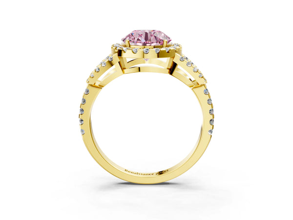 Yellow Gold Round Split Shank Pave Halo Engagement Ring Setting for Fancy Pink Center