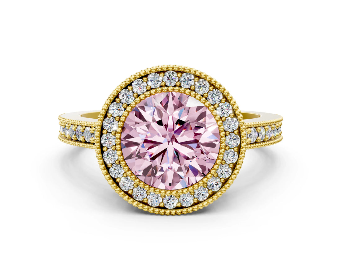 Yellow gold Fancy Pink Round Cut-Cut Diamond Halo Engagement Ring with Pave Band and Prong Setting