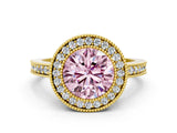 Yellow gold Fancy Pink Round Cut-Cut Diamond Halo Engagement Ring with Pave Band and Prong Setting