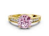 Yellow gold Fancy Pink Round Cut Cut Diamond Milgrain Pave Band Four-Prong Setting Ring_3